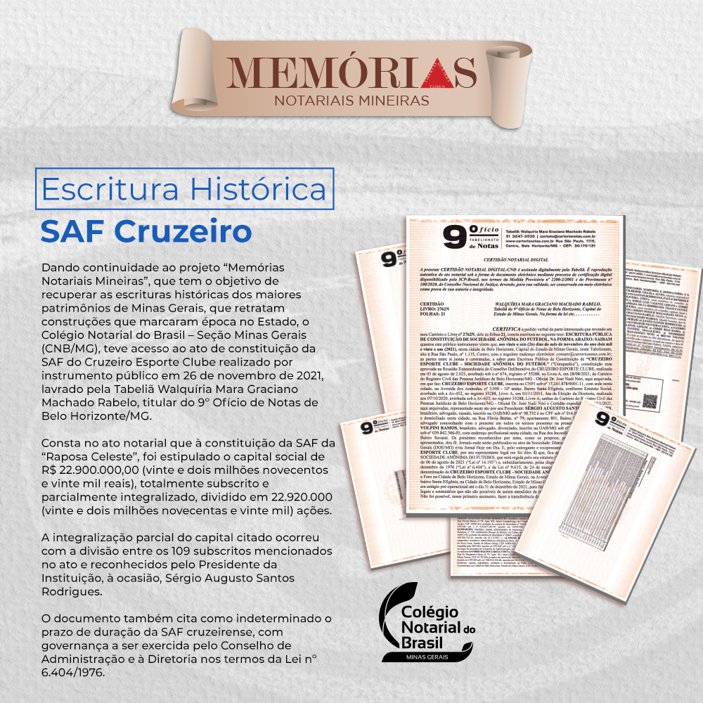 Projeto “Memórias Notariais Mineiras” traz com exclusividade escritura da SAF do Cruzeiro Esporte Clube